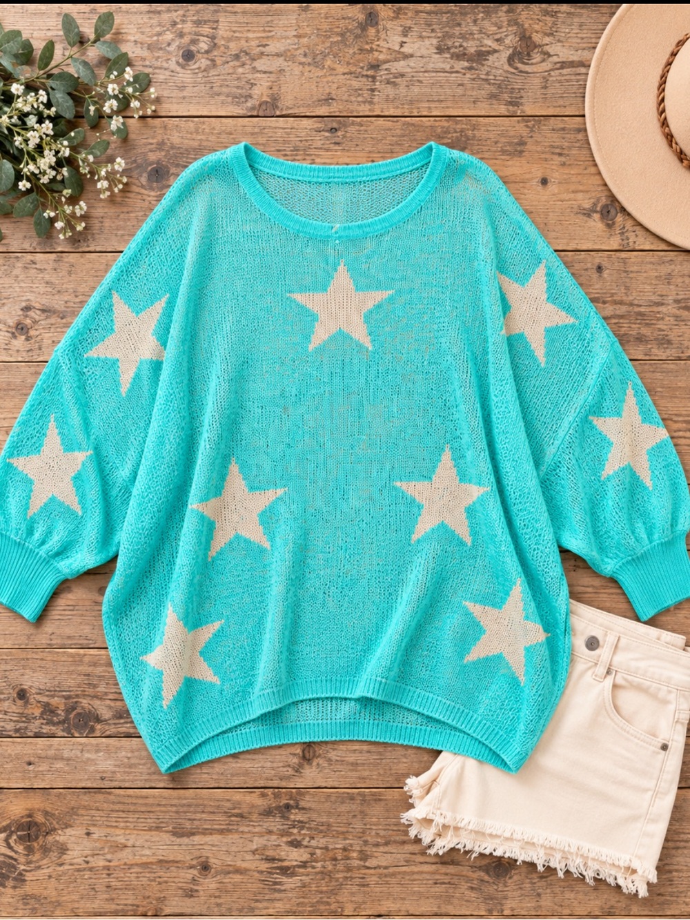 NWT Gigio Turquoise Beige Star Print Lightweight Dolman Sweater - Picture 4 of 4